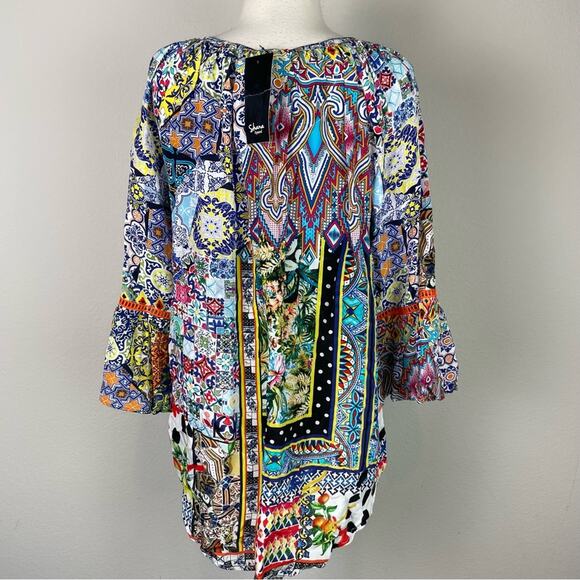 Shana Multicolor Geometric Floral  Flared Sleeve Button Front NWT Silk Top  Med - Picture 6 of 9